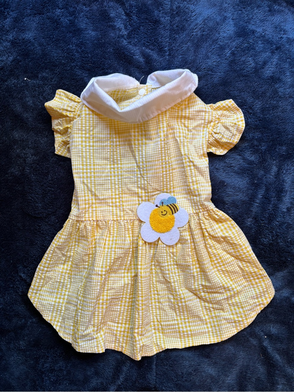 Yellow Gingham Bee Appliqué Dog Dress with White Collar